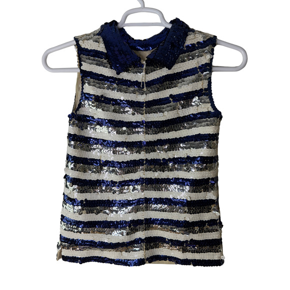 Vintage Sequin Shirt Womens Small Blue Silver Striped Wool Hong Kong 60s - Picture 2 of 12